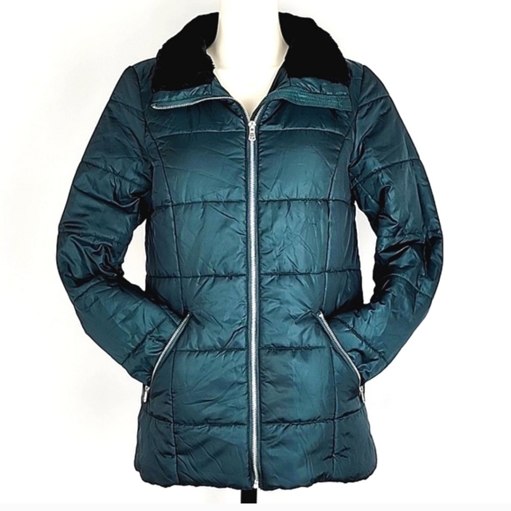 Vero Moda Women's Quilted Winter Emerald Green Jacket Black Faux Fur Collar M